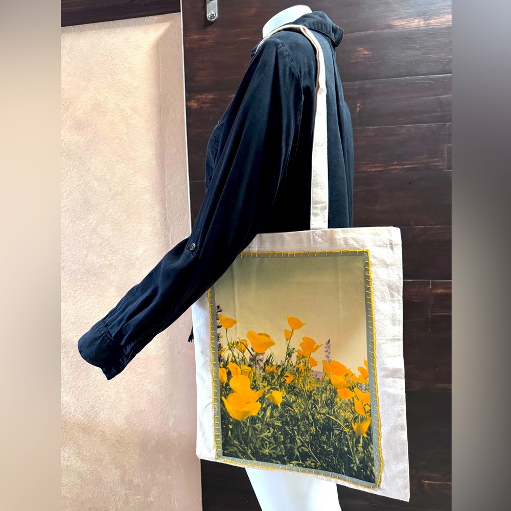 California Poppies, Bright Floral Canvas Tote, Eco-Friendly & Unique- Cream